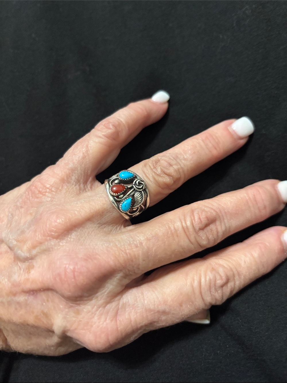 Sterling Silver Turquoise & Coral Statement Ring - size 7